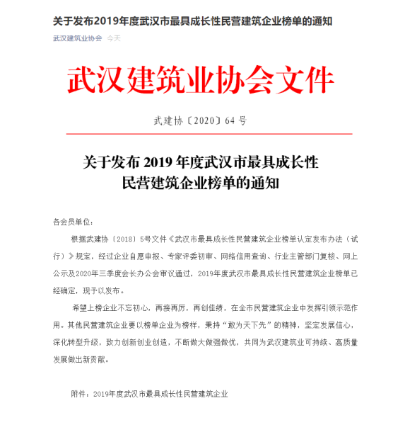 天馬建設榮膺武漢市最具成長性民營建筑企業(yè)